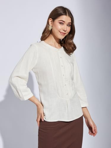 Latin Quarters Women White Round Neck 3/4th Sleeve Solid Tunic Blouse_2XL