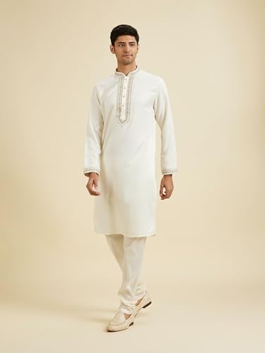 Manyavar Men's Art Silk Neckline Embroidered Kurta Churidar Set(Cream,XXXL)