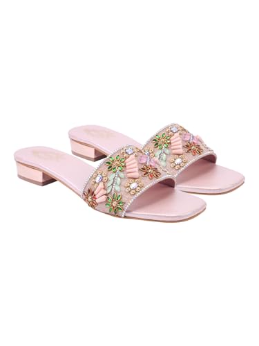 Shoetopia Women’s luxury Embellished Rose-Gold Heel Sandals |Slip-On Party & Wedding Heels with Beaded Strap footwear EU40