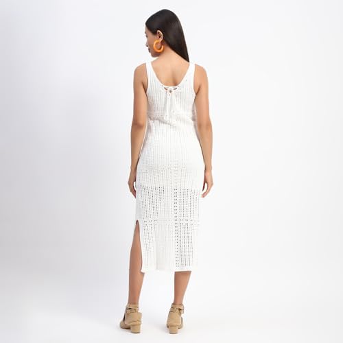 Madame V Neck Crochet Off White Knitted Dress