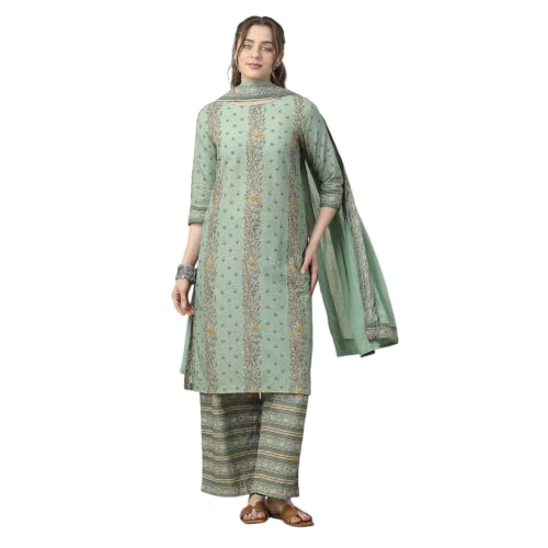 BIBA WOMEN PRINTED NARROW SALWAR KURTA DUPATTA(SKD7519E_SAGE GREEN_36)