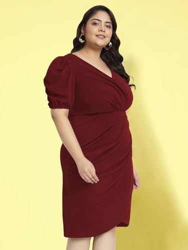 wild U Women Plus Size Bodycon Dress | Wrap | Stretchable | Puff Sleeve | Knee Length | Western Stylish (Maroon - 3XL)