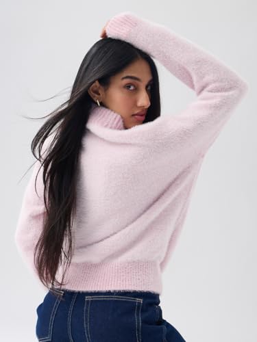 The Souled Store Pink Panther: Christmas Women and Girls Full Sleeves Mock Neck Light Pink Embroidered Animal Graphic Nylon Acrylic Blend Oversized Fit Casual Pullover Sweater