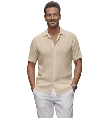 Glowic Men Linen Shirt Casual Regular Fit Solid Stylish Summer Wear Shirt for Office Party Beach Holiday Lightweight Breathable Fashion Shirt (in, Alpha, L, Regular, Cream)