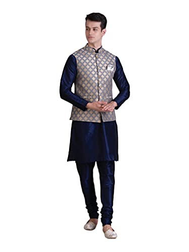 Ethluxis Men's Silk Blend Regular Fit Navy Kurta Pyjama Set With Bundi Nehru Jacket Waistcoat (44, Navy/Grey), 2XL
