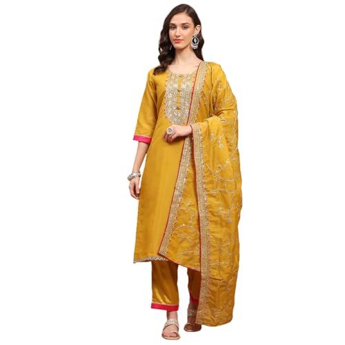 BIBA Women's Yellow Tissue Machine Embroidered Unstitched Suit Set