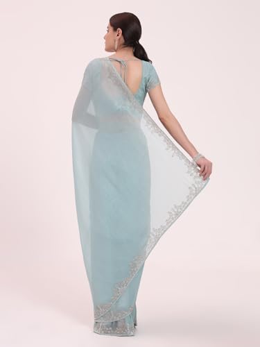 FIORRA Women's Sky Blue Organza Crushed Saree with Siroski Zarkhan Handwork and Unstitched Blouse