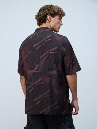 The Souled Store Oversized Shirt: Dragonfly Men and Boys Short Sleeves Cuban Collar Printed Viscose Relaxed Fit Casual Shirts |Dark Brown, S