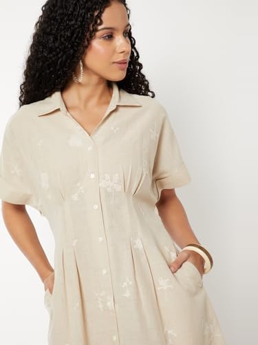 Max Women's Polyester A-Line Below The Knee Dress (IS510003_Beige