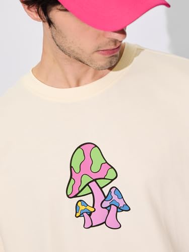 The Souled Store Shroomy Vibes Men and Boys Short Sleeves Round Neck Yellow Graphic Printed Cotton Oversized T-Shirts