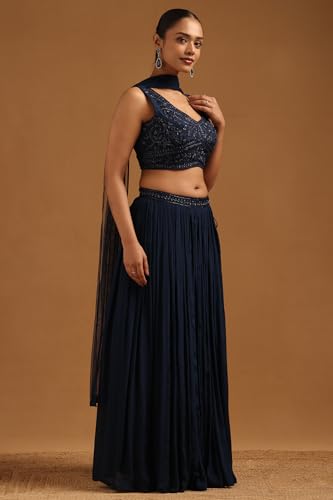 Soch Womens Navy Blue Chinon Embroidered Lehenga Choli With Cutwork And Sequins