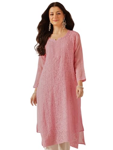 Ada Women's Hand Embroidered Chikankari Cotton Blend Kota Kurta Kurti with Slip A411213 Pink (S)