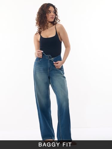 The Souled Store Baggy-Fit Denim: Blue Storm Women and Girls Zippered Fold-Over Cutout Waistband Medium Blue Washed Cotton Denim Lightweight Everyday All-Season Denim Jeans