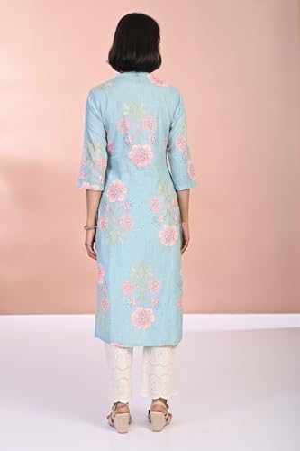 W for Woman Floral Print Straight Rayon Kurta - Blue (W13511-127087-L)