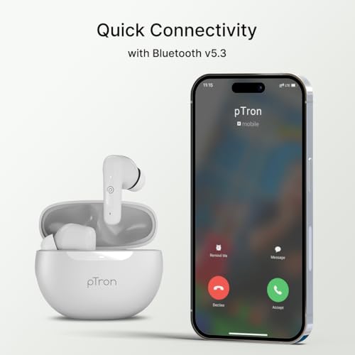 pTron Bassbuds Astra in-Ear TWS Earbuds w/Stereo Sound, 34Hrs Playtime, Stereo Calls, Custom EQ, Mobile App, BTv5.3 Headphones, Touch Control, Voice Assistant, Type C Charging & IPX4 (White)