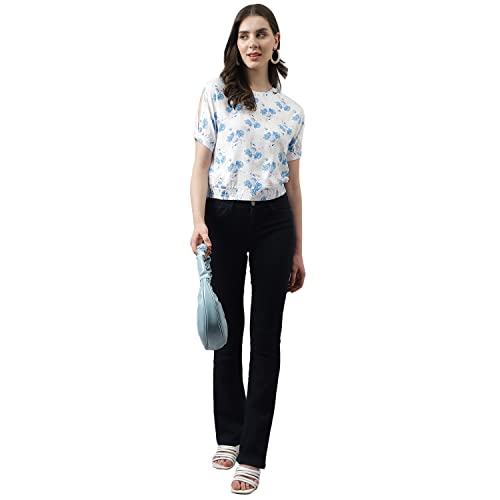 Latin Quarters Women White Floral Print Top with Short Sleeves