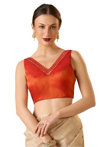S SALWAR STUDIO Rust Cotton Tissue V-Neck Sleeveless Readymade Blouse