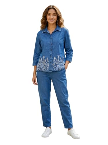 ESSVANE Denim Co Ord Set for Women || Denim Jacket and Pant Set || Embroidered Co Ord Set with Crop Jacket and Pants With Pockets (Mid Blue, M - 30 Waist)