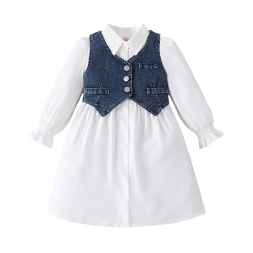 Hopscotch Girls Shirt Collared Dress with Denim Waistcoat in White Color for Age (3-4 Years)