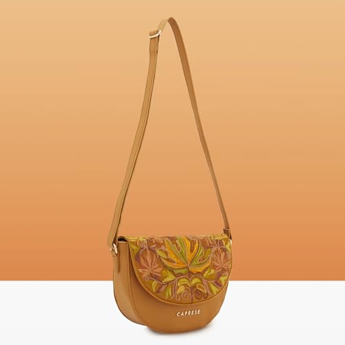 Caprese Siji Tresna Medium Crossbody Bag for Women with Adjustable Strap & Zip Closure | Kashida Velvet Embroidery Sling Bag | Stylish & Lightweight Bag for Daily Use, Travel & Casual Outings (Brown)