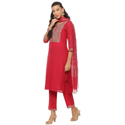 BIBA Women Polycotton EMBROIDRED Straight SALWAR KURTA DUPATTA(SKDASSORTED8907_FUCHSIA_36)