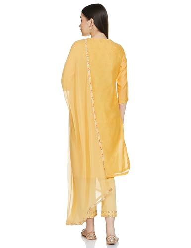 BIBA WOMEN EMBROIDERY NARROW SALWAR KURTA DUPATTA(SKD7402E_MANGO YELLOW_34)