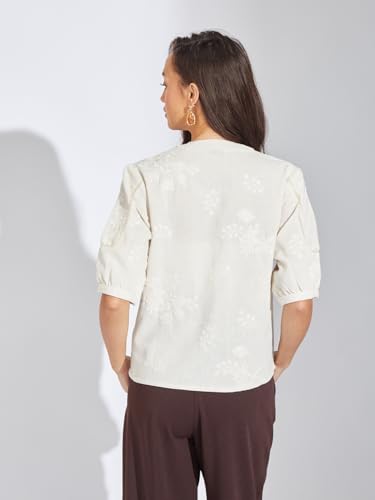 Latin Quarters Women Ivory Embroidered Linen Blend Top | V-Neck | Half Sleeves | Button-Down Casual Summer Shirt