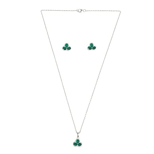 VOYLLA Oval Cut Emeralds Embellished Floral Motif 925 Sterling Silver Box Set For Women|Womens Jewellery Set|Gift For Women|Womens Gift|Gift For Her|