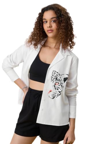 The Souled Store Tigress Women and Girls Full Length Spread Collar White Graphic Printed Cotton Blend Relaxed Fit Casual Office Wear Lightweight Everyday Shirt