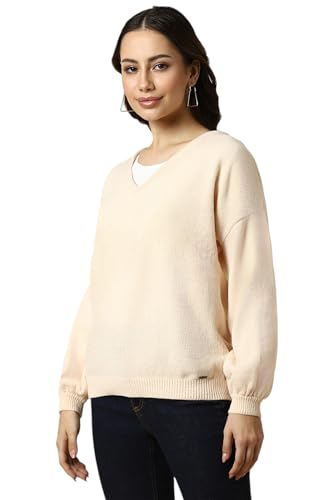 Women Beige Solid V Neck Casual Sweater