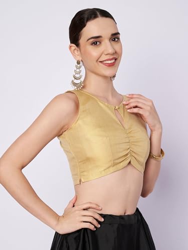 studio rasa Women's Cotton Tissue Key-Hole Readymade Crop Top for Festive Party Wedding(TPWC12606XS_Gold_X-Small)