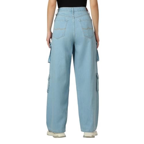 Women Blue High Waist Straight Fit Cargo Jeans