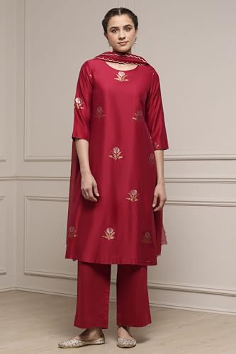 Biba Women Red Chanderi Relaxed Dyed Kurta Pants Set_32