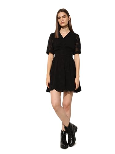 ONLY Women's Self Design Fit and Flare Black Dress