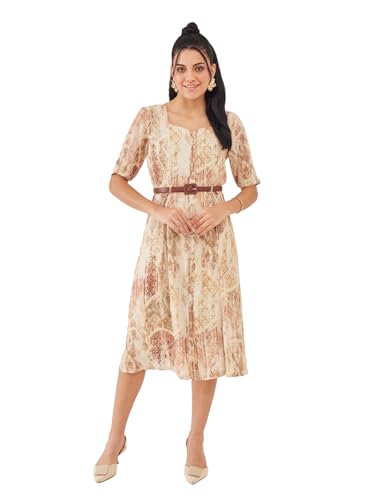 Latin Quarters Women's Beige Printed Half Sleeves Square Neck Casual A-Line Dress_XL