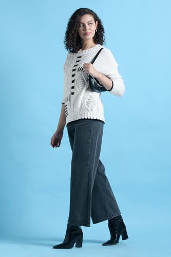 Women White Patterned Round Neck Casual Sweater