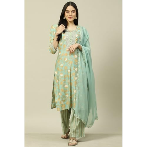 Rangriti Women Polyester Blend Printed Suit Set (RSKASRTD18001SS23LBLU_Blue