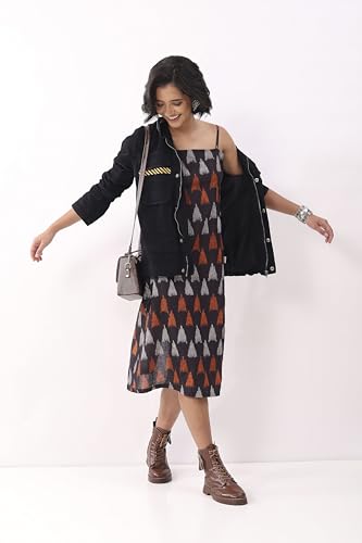 Biba Nxt Women Black Cotton Abstract Printed Strappy Midi Dress_32