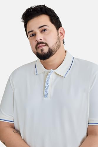 SNITCH Men Plus Size Polo T-Shirt | Geometric Patterned Placket & Contrast Tipping | Cotton Lycra Blend Stretchable Half Sleeve Polo for Casual & College Wear Off-White