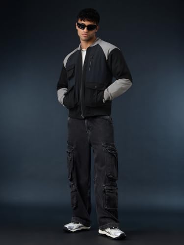 The Souled Store Midnight Edge: Men and Boys Full Sleeves Spread Collar Black and Grey Solid Polyester Regular Fit Lightweight Utility Pockets Bomber Jacket