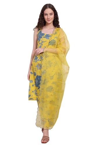 W for Woman Yellow Bold Floral Printed Pure Cotton Straight Kurta, Parallel Pants and Dupatta Set (Size: 2XL)-WS12904-125908