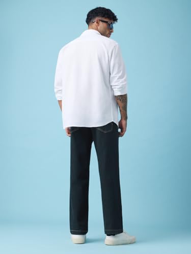 The Souled Store Baggy Fit Denim: Inkstone Men and Boys Zip Fly Charcoal Blue Solid Cotton Denim Contrast Stitching Comfortable Everyday Streetwear Straight Fit Jeans