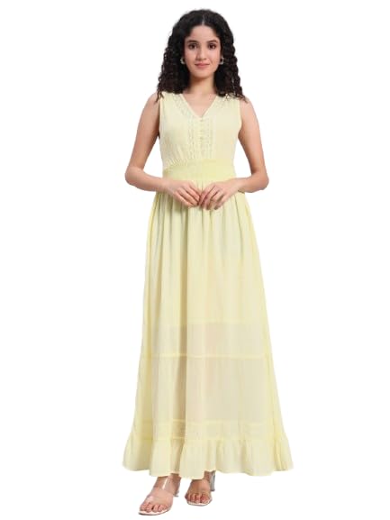 veldress21 Women Long Maxi Dress Floral Fit and Flare Summer Casual Regular Wear Full Sleeve Embroidered Kurta (in, Alpha, XL, Regular, Yellow)