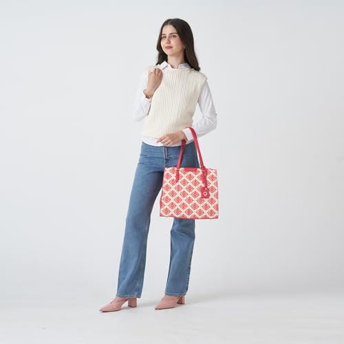 Caprese Shibori Large Tote Bag for Women | Printed Faux Leather Shoulder Bag with Multi-Compartments | Zipper Closure | Includes Detachable Charm | Stylish Everyday Bag (Pink)