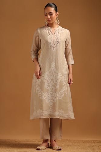 Soch Womens Beige Linen Floral Print Suit Set With Mirror Work