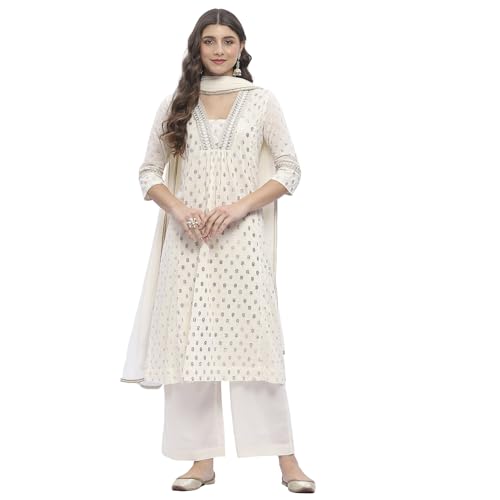 Biba Women Off-White Cotton Printed Gathered Suit Set_44