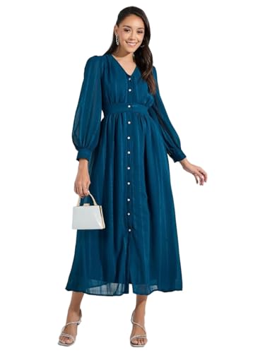 Styli Women's Polyester A-Line Maxi Casual Dress (7007468734_Teal
