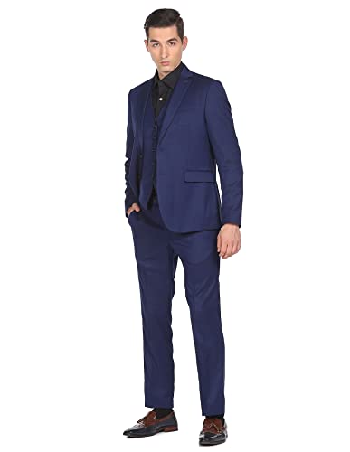 Men Navy Notch Lapel Collar Patterned Suit