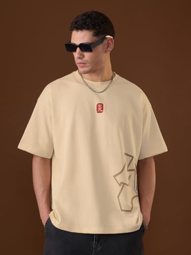 The Souled Store Ukiyo: Skater Men and Boys Short Sleeves Round Neck Beige Graphic Printed Lightweight Streetwear Oversized T-Shirt