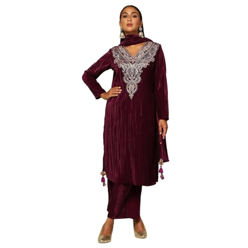 Rangriti Women's Poly Velvet Kurta Set (WNTRWR20385AW24WINE_Wine